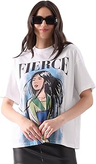 The Souled Store Mulan: Fierce Womens Oversized Fit Graphic Printed Half Sleeve Cotton White Women Oversized T-Shirts Price In India