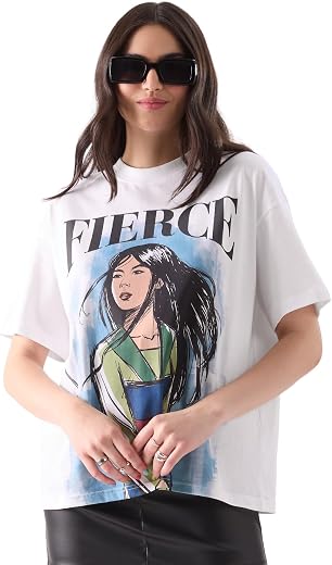 The Souled Store Mulan: Fierce Womens Oversized Fit Graphic Printed Half Sleeve Cotton White Women Oversized T-Shirts