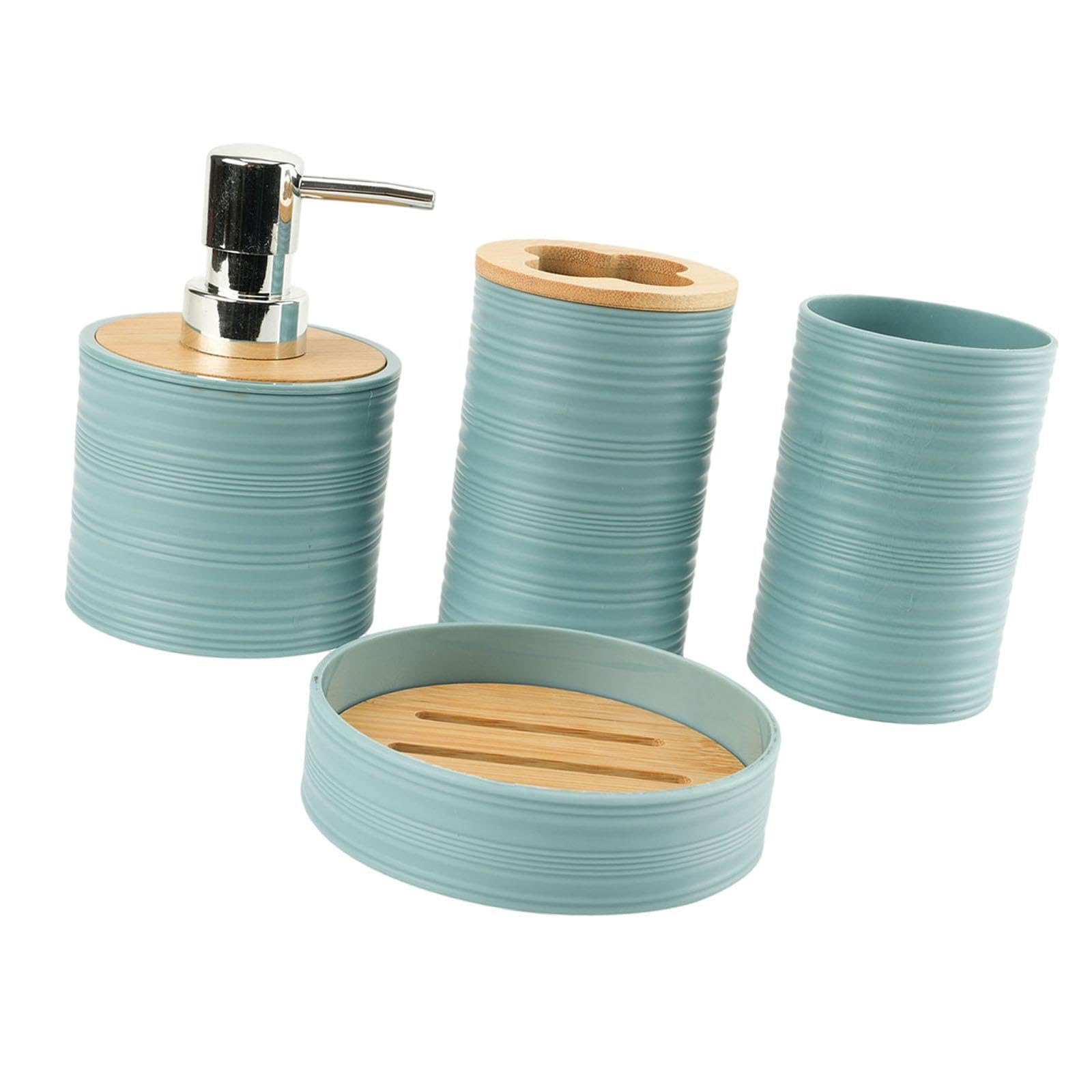 Juego de tocador de baño azul con dispensador de loción y jabonera para el lavabo