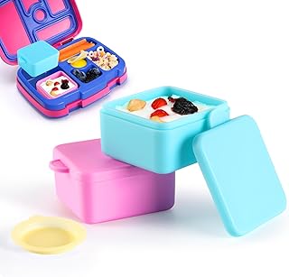 Salad Dressing Container To Go, Compatible with Bentgo Kids Lunch Box, 2x 3oz Small Containers with Lids, Premium Silicone, Easy Open Snack Containers, Dips Sauce Container for Lunch Box(Pink/Teal)