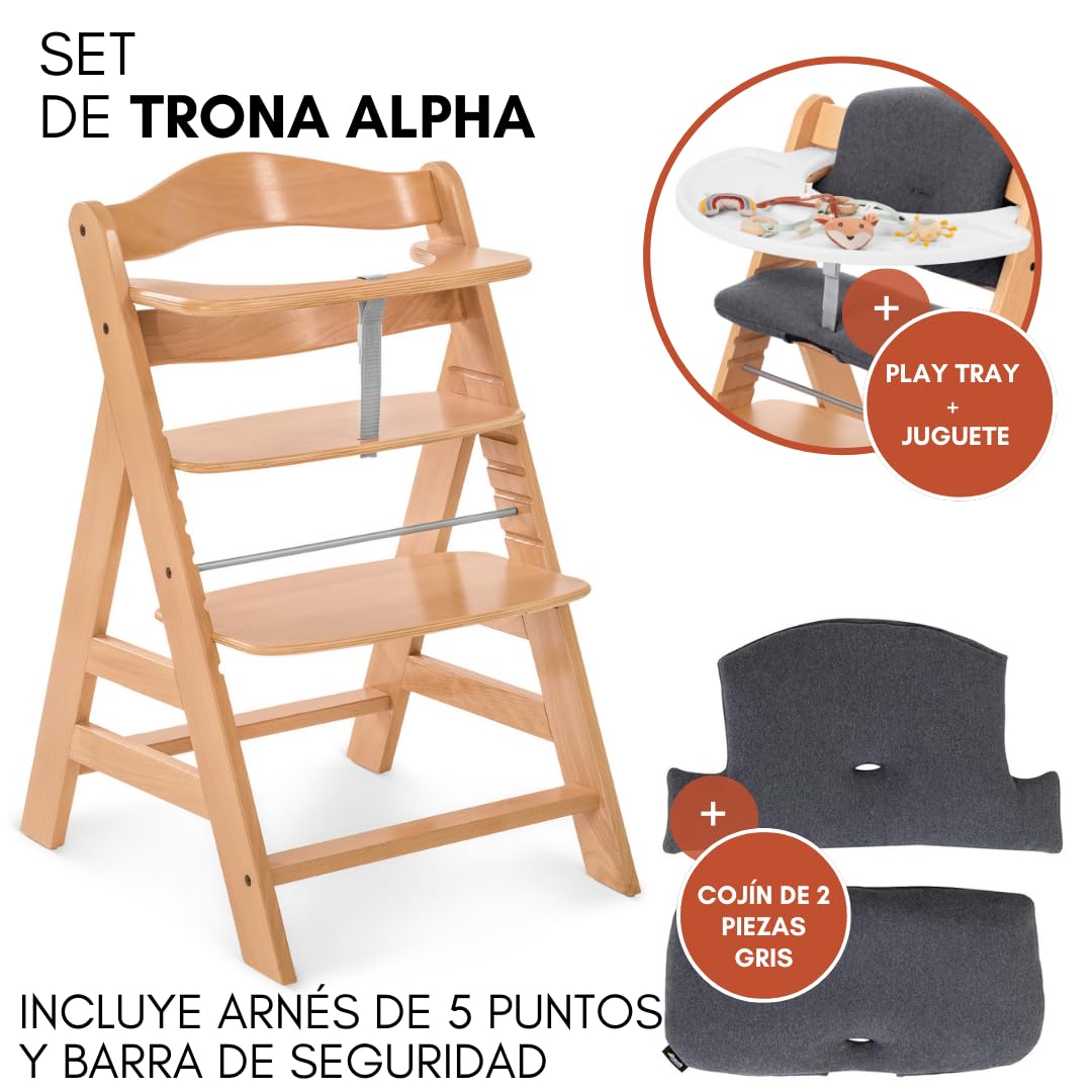 hauck Set de Silla de Madera para Niños Alpha Plus, Bandeja de Juego Play Tray, Juguete para la Trona y Cojín de 2 Piezas, Tronas de Bebe Evolutiva desde 6 Meses - Natural