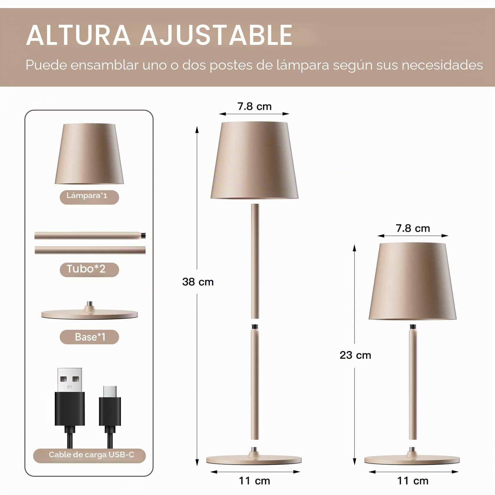2 Piezas Lámpara de Mesa Inalámbrica Recargable,de Escritorio Beige | IP54 Lámpara 5200mAh Táctil USB-C Beige para Comedor, Dormitorio, Salón, Jardín, Terraza y Camping