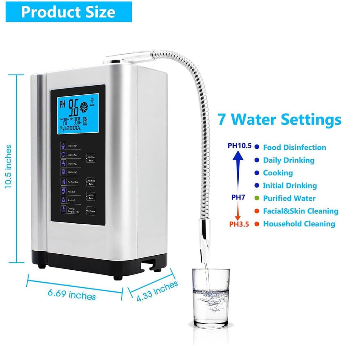 Ionizzatore Acqua Alcalina, Purificatore Macchina Generatore Di Idrogeno, Filtro per Acqua Potabile Acida Alcalina Domestica Lcd 3,8 Pollici, 8000 Litri per Filtro, Voce Intelligente