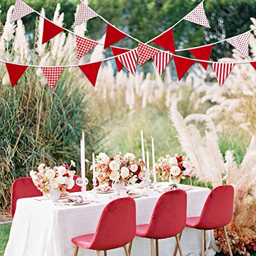 Image of Zwiebeco 32Ft Red White Plaid Stripe Dot Fabric Bunting Banner Triangle Flags Cotton Garland Pennant for Birthday Wedding Engagement Carnival Party Classroom Nursery Home Outdoor Garden Decorations