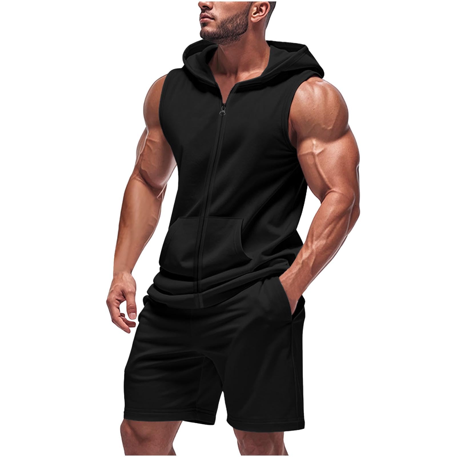 Sleeveless Hoodies for Men Zip Up 2 Piece Set Outfits Workout Hoodie Shorts Hooded Tank Tops Gym Tracksuit Sweatsuits