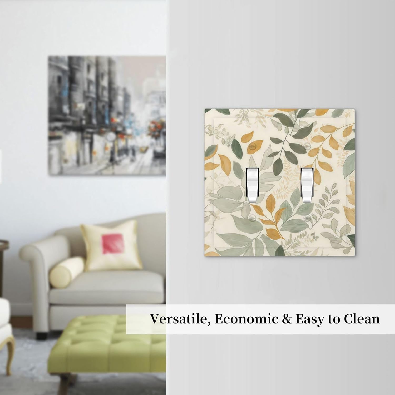 Boho Watercolor Leaves Light Switch Covers Decorative Green Botanical 2 Gang Double Toggle Switchplate Electrical Faceplate for Country Bathroom Kitchen Bedroom Decor