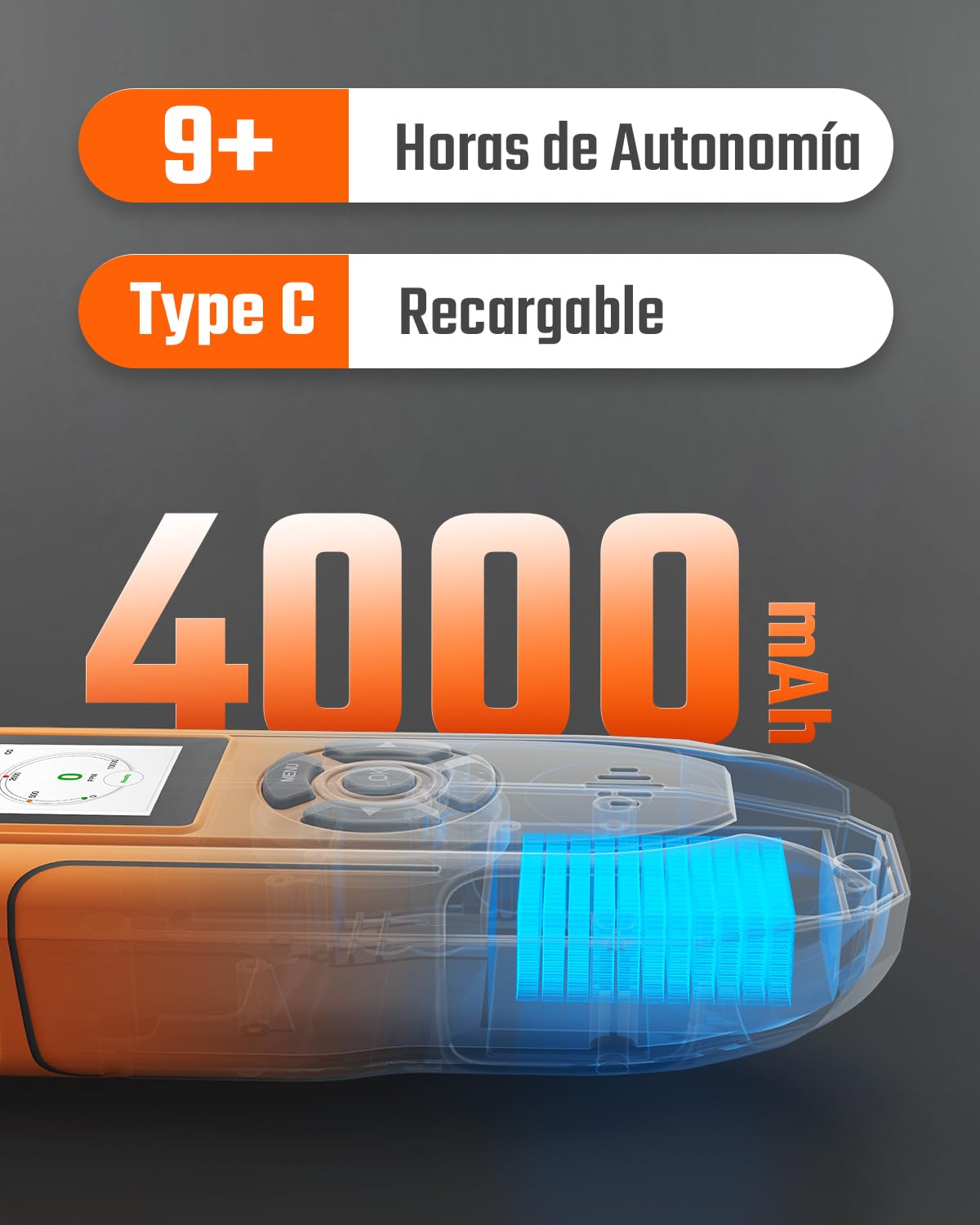 TopTes Detector De Gas Recargable PT-990 con Sonda Flexible de 28 cm, Rango de Detección 0–10,000 ppm, Registro de Datos y 3 Tipos de Alarma, Detector de Fugas de Gas para Propano, Metano - Naranja