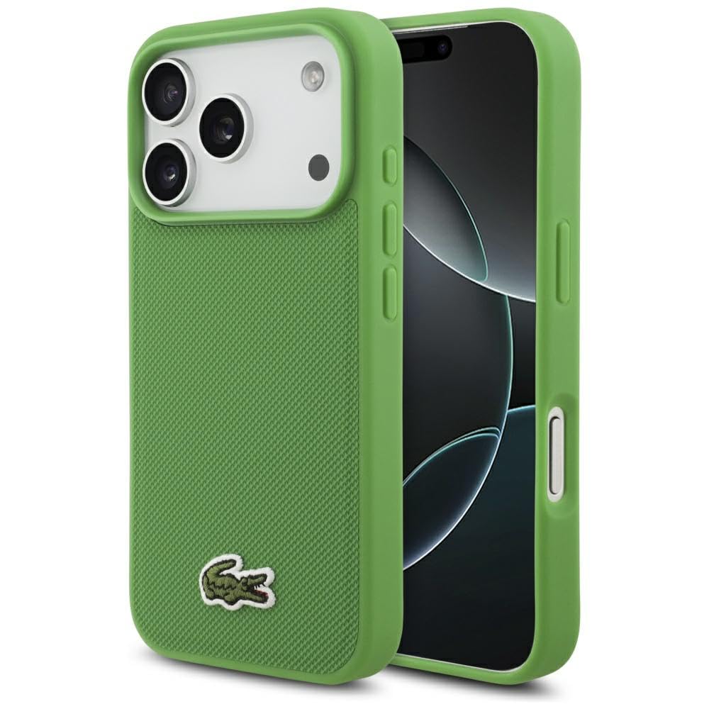 CG MOBILE Lacoste Iconic Petit Piqué Logo tissé Compatible avec MagSafe Coque pour iPhone 17 Pro (vert)