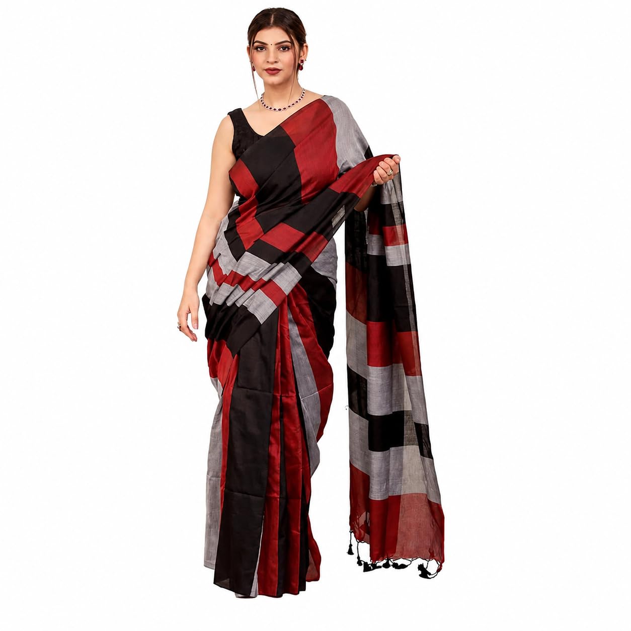 Srinjan Fashion Women's Cotton Blend Khadi Saree | Black Red Grey Checked | Lightweight Soft Casual, Daily, Party, Office Wear, Traditional Ethnic Sari with Tassel Pallu | Saree Only-picture-20