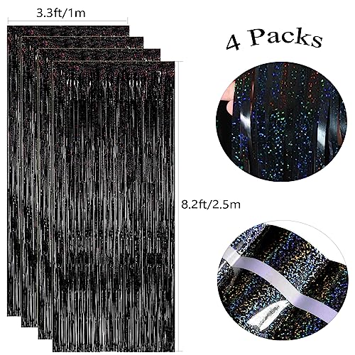 Image of 4 Pack Black Foil Fringe Curtains, Slmeno Glitter Black Tinsel Backdrop 3.3x8.2ft, Metallic Fringe Backdrop Party Streamers for Birthday Halloween Christmas New Years Graduation Party Decorations