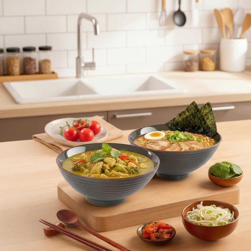 Ramen Bowl - Ciotola da 1200 ml, con bacchette e cucchiai, per zuppa, pasta, macedonia, 2 pezzi (verde retrò)
