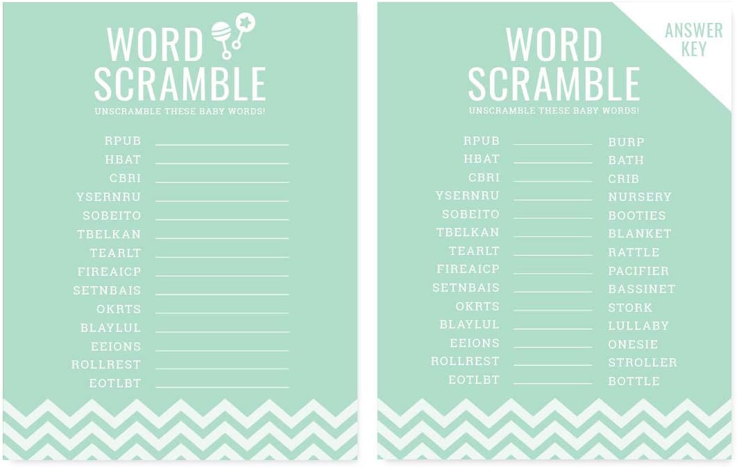 Andaz Press Mint Green Chevron Gender Neutral Baby Shower Collection, Games, Activities, Decorations, Word Scramble Game Cards, 20-Pack