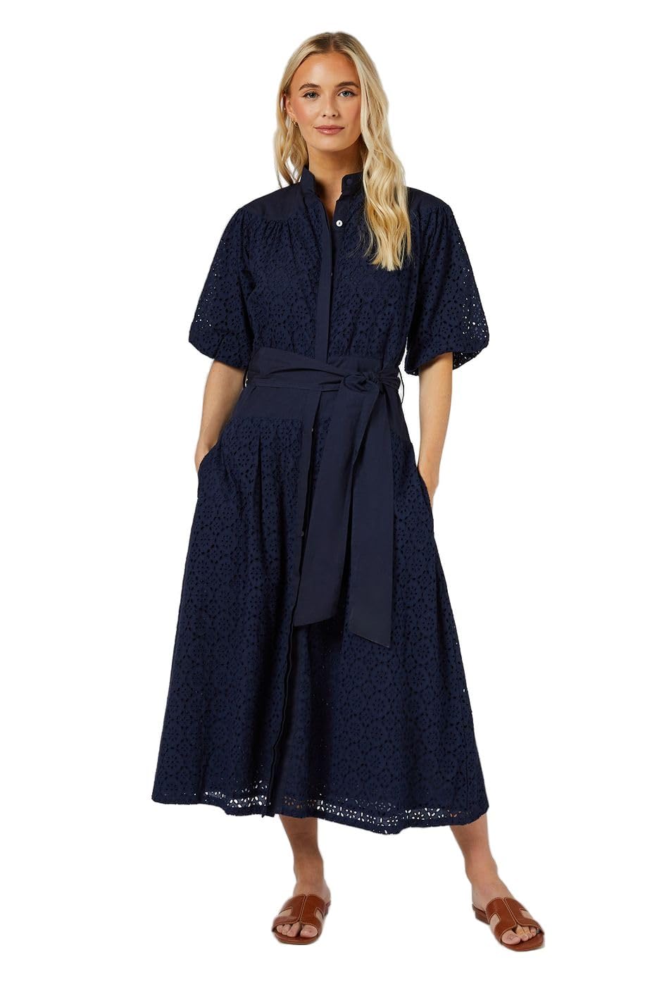 Principles Broderie Belted Contrast Detail Midaxi Dress, 18, Navy