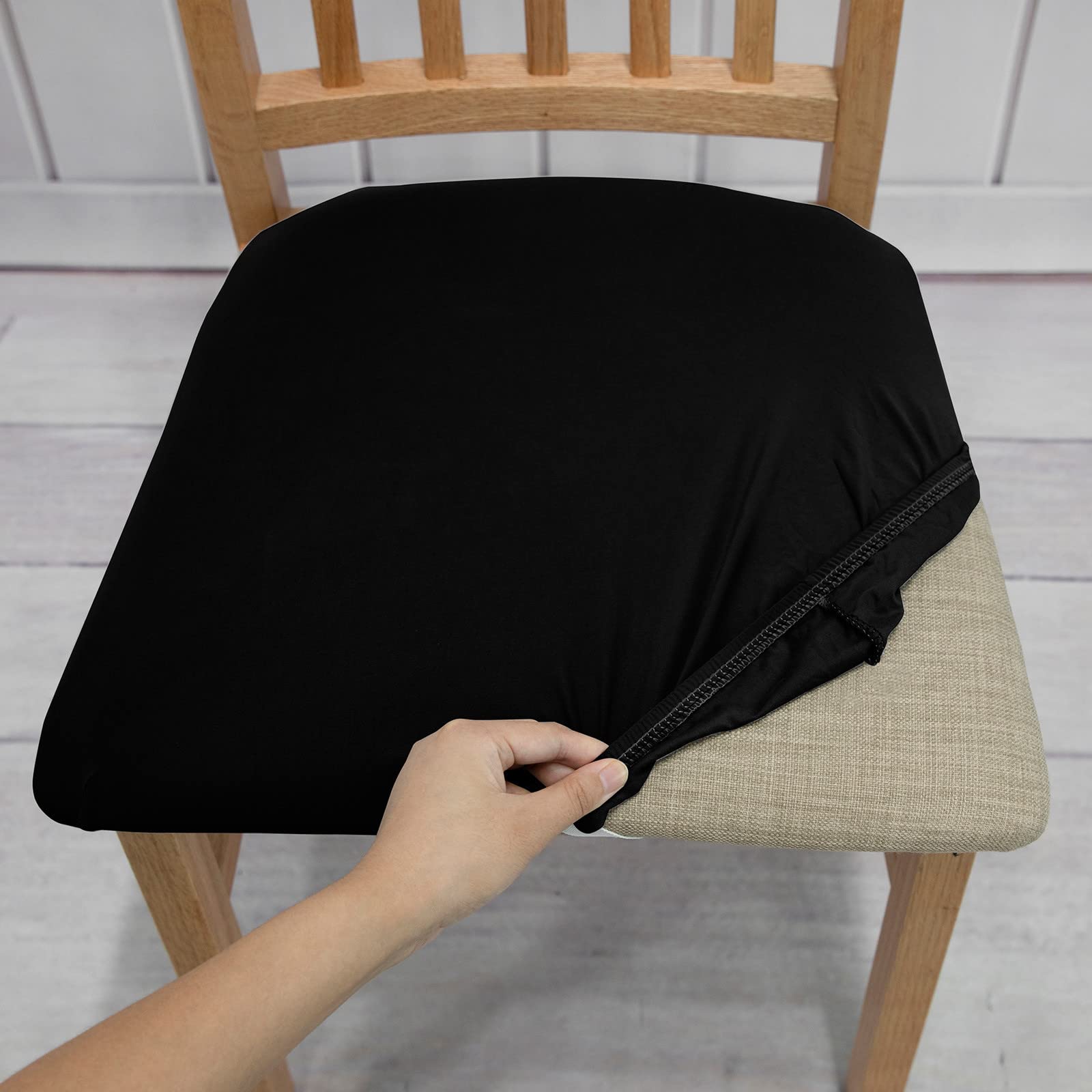 Universelle Esszimmerstuhl-Sitzbezüge mit Bändern, einfarbig, Set mit 1, 2, 4 oder 6 Stück, elastische Stretch-Stuhlbezüge, rutschfeste Schutzhülle für Küche und Büro (schwarz, 6er-Pack)