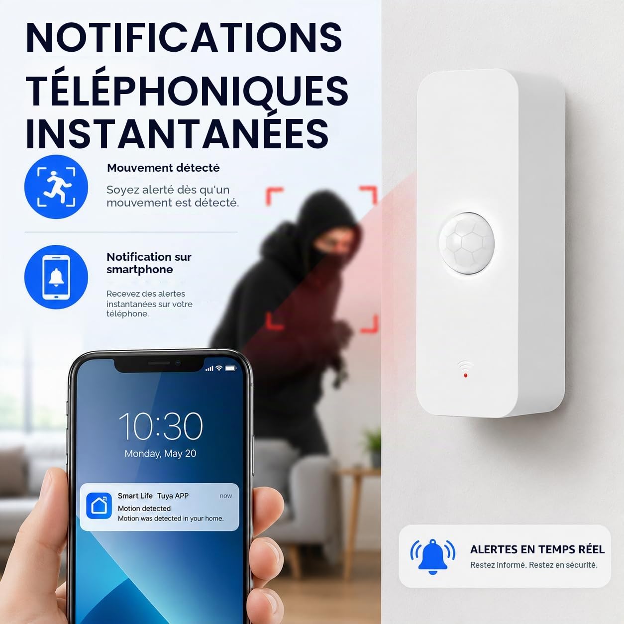 Détecteur de Mouvement PIR WiFi avec Alerte Application, Capteur Intelligent Sécurité Maison sans Fil (Lot de 4)