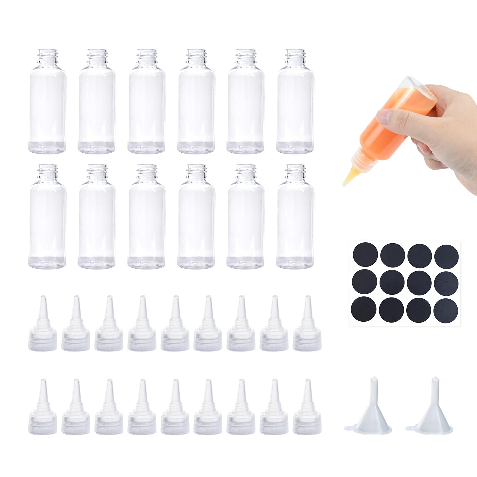 TOPCZY 12Pcs Clear Squeeze Condiment Bottles, Mini Sauce Bottles Dispenser, Liquid Dispensing with Funnel Label, Reusable Squeezy with Nozzles, Small Squeeze Bottle for Sauce Oil Ketchup DIY Crafts