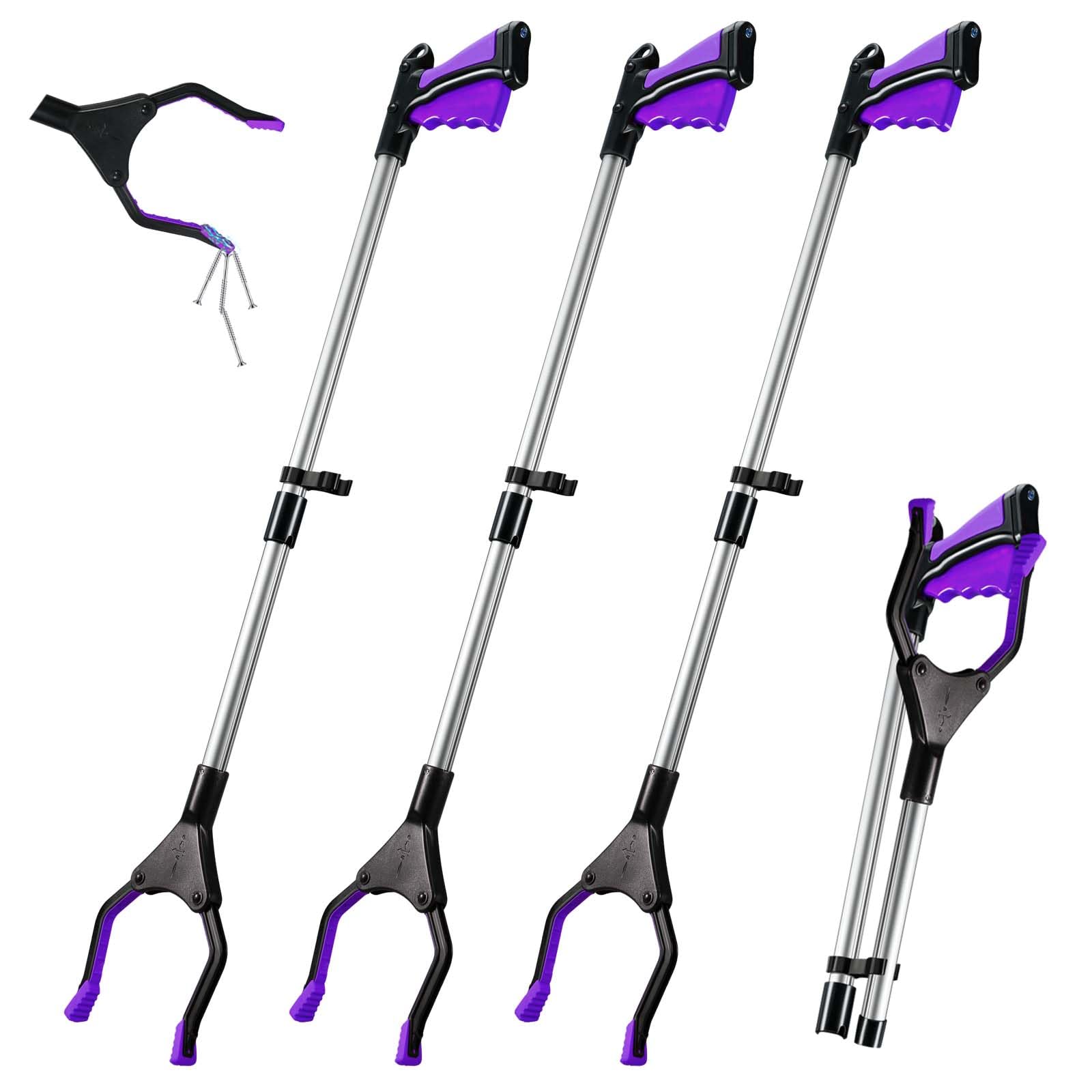 Gisafai 3 Pcs Trash Grabber Reacher Tool with Magnet 32" Foldable Trash Picker Grabber for Elderly Lightweight Trash Pick up Stick Grabber Tool for Mobility Aid, Litter Picker, Arm Extension (Purple)