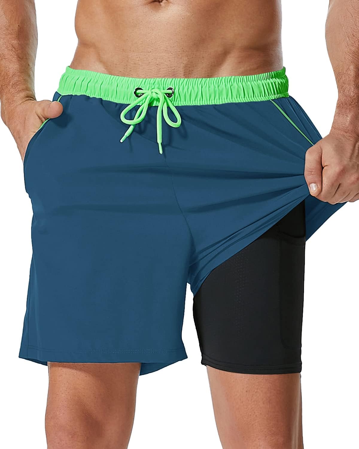 SILKWORLD Mens Swim Trunks with Compression Liner 2 in 1 Quick Dry Bathing Suit Beach Shorts with Zipper Pockets