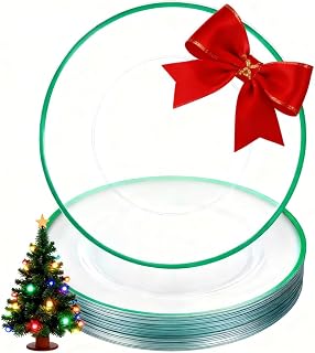 WDF 12 Inch Green Charger Plates - Charger Plates Bulk - 25Pack Plastic Clear and Green Charge Plate Perfect for Christmas Dinner/Wedding/Party