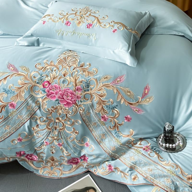 Image of JJ's Imported Skin Friendly Pure Washed Cotton Heavy & Beautifully Embroidered Wedding Style 5 Pcs King Size Double Bed Luxury Bridal Bedding Set with Heavy Comforter /Quilt (Sky Blue 22)