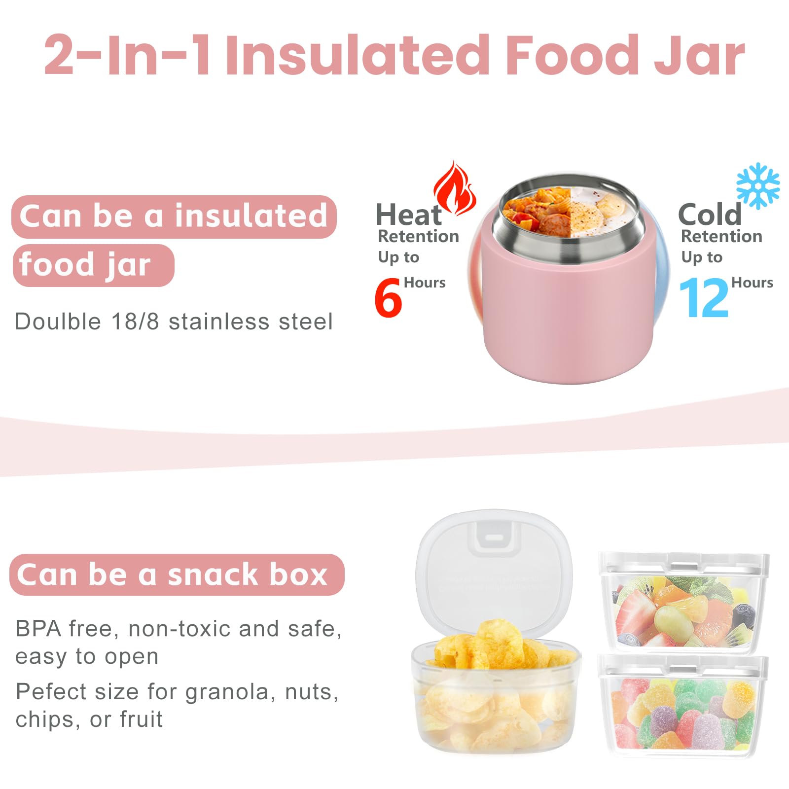 Contenedor aislado 2 en 1 para alimentos y aperitivos, termo de sopa infantil de 15 onzas para comida caliente con asa y cuchara, a prueba de fugas, caja de aperitivos reutilizable para niños pequeños 3