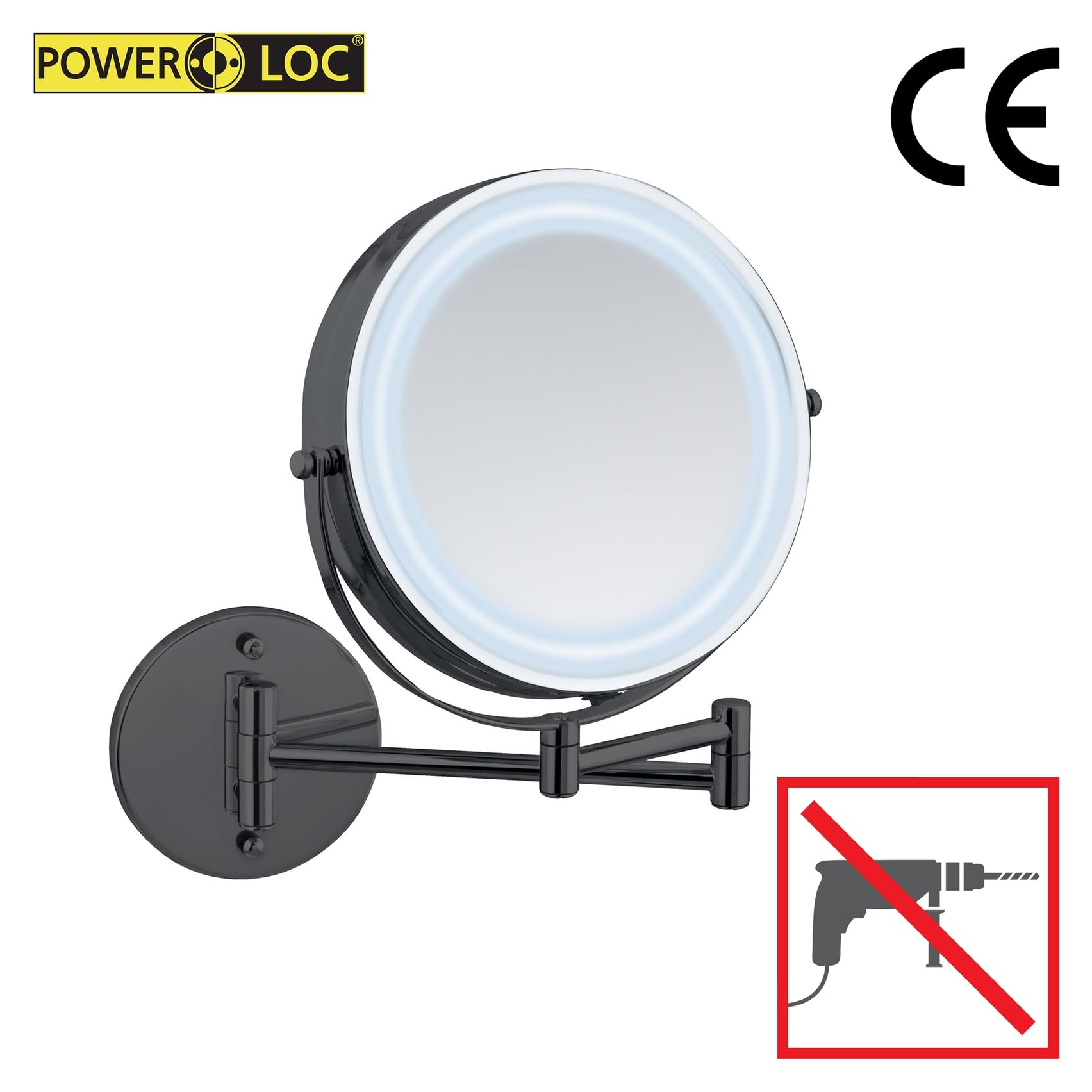 WENKO Power-Loc® LED Wandspiegel Mod. Lumi, Kosmetikspiegel mit Beleuchtung, 5-Fach Vergrößerung, ohne Bohren, Spiegelfläche Ø 17,5 cm