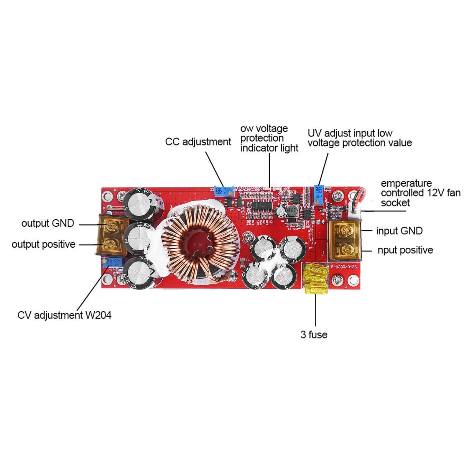1500 W Boost Converter, modulo DC Boost 30 A, convertitore verso l'alto, modulo di alimentazione costante 10 a 60 V a 12 – 97 V con ventola intelligente