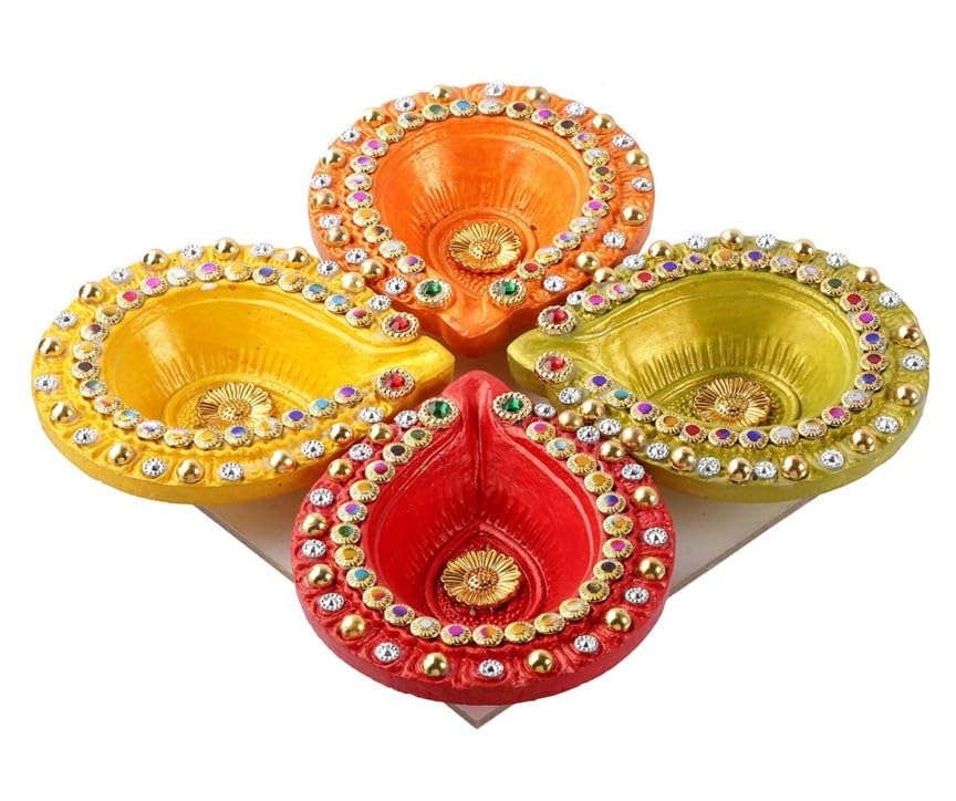 Image of Frizka Diwali Mumbai Famous Koliwada Decorative Assorted Diya Design Set of 4 Handmade Decorative Diyas Premium Design Box Packing 3.5 inch