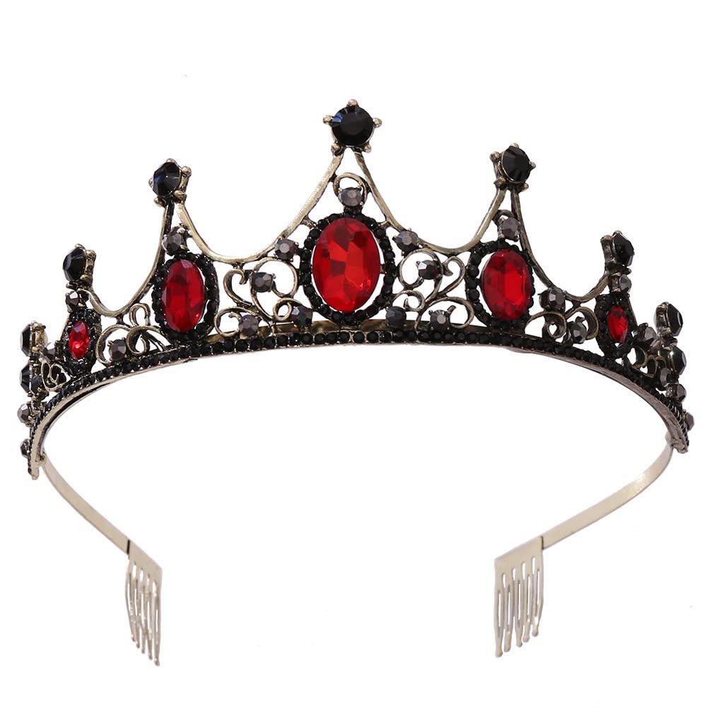 YURT Corona para Mujer,Gótica Tiara Dorada Negro Y Rojo Barroco Diamantes De Imitación Peine Joyería para El Cabello para Niña Reina Novia Princesa Cumpleaños Boda Desfile Graduación Disfraz De Hallo