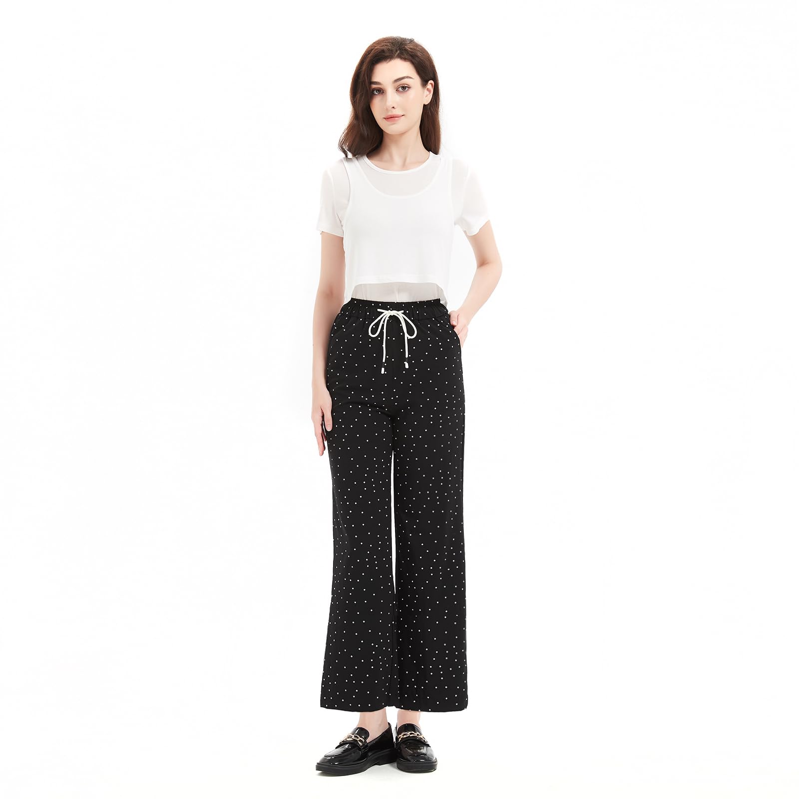 Womens High Waist Wide Leg Pants Polka Dot Summer Pull-On Lounge Travel Casual Lightweight Trousers