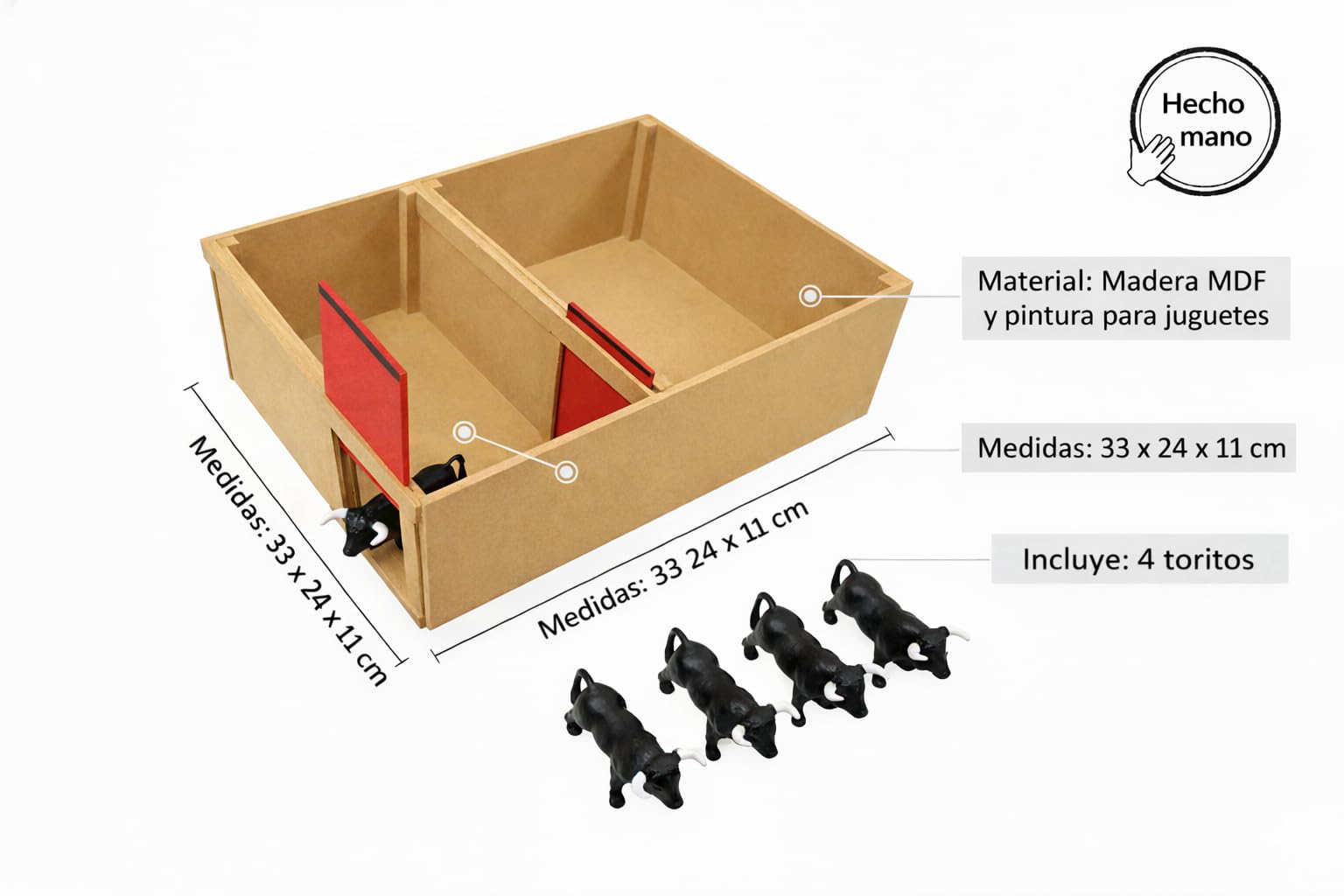 TOROS DE Juguete con Toril Artesanal DE Madera para Plaza TOROS Juguete Pack Infantil Completo Incluye 4 TORITOS Negros Miniatura Corral Tradicional Medidas 33X24X11 CM