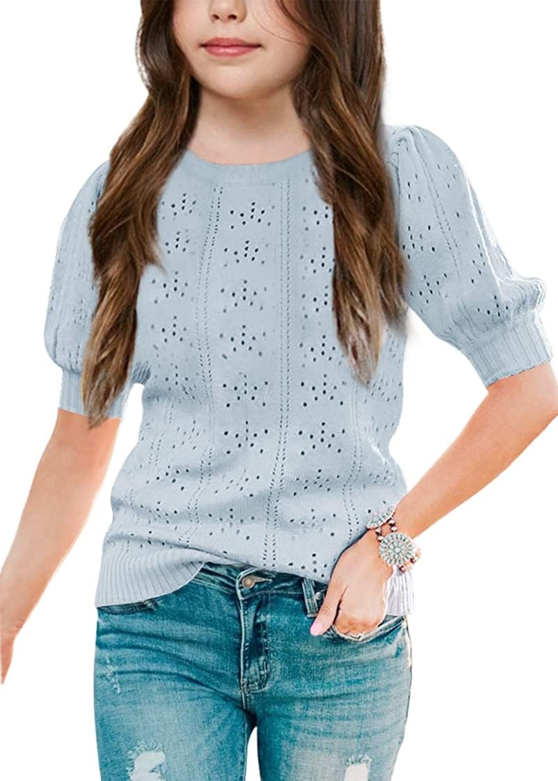 Batermoon Girls' Puff Short Sleeve Sweaters Crewneck Hollow Out Knit Pullover Tops