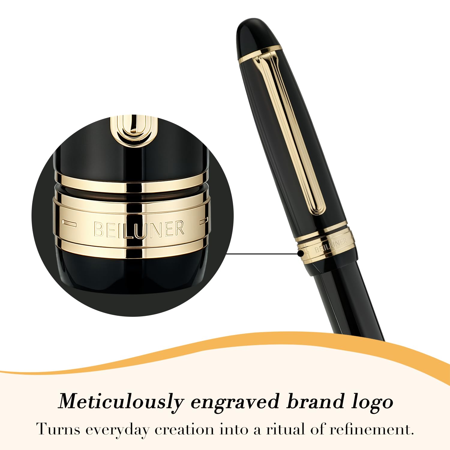 BEILUNER 319 Piano Black Lacquer Rollerball - Stunning Luxury Pen with 24K Gold Heavy Schneider Black Ink Refill — view 2