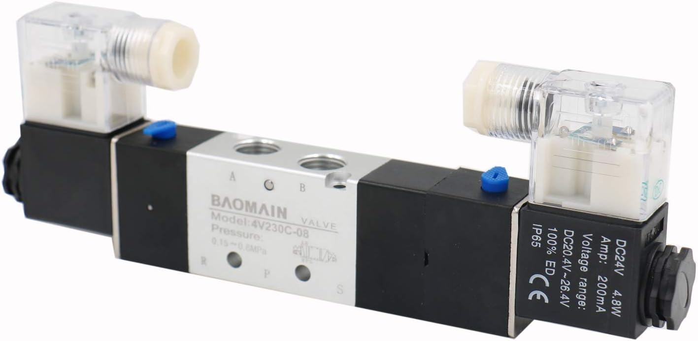 Électrovanne Pneumatique 4V230C-08 24VDC - 5 Voies 3 Positions, Double Bobine, Raccords Inclus