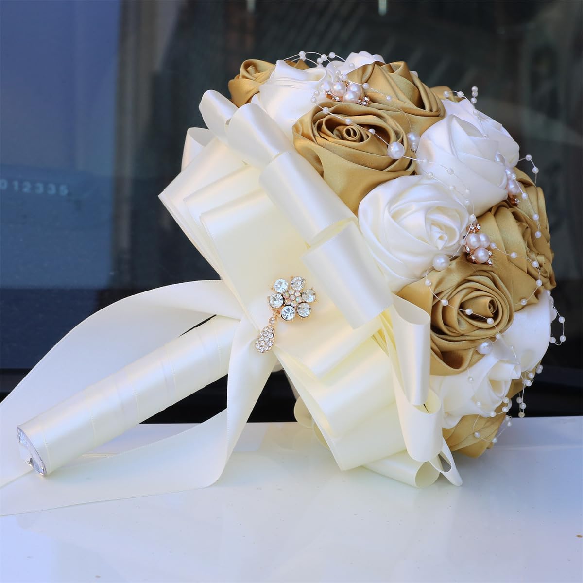 Handmade Rhinestone Brooch Satin Bridal Bouquet,7.5inch Crystal Wedding Round Tossing Bouquet,Artificial Flower Bunch with Diamond Pearl Ribbon Gold+Ivory