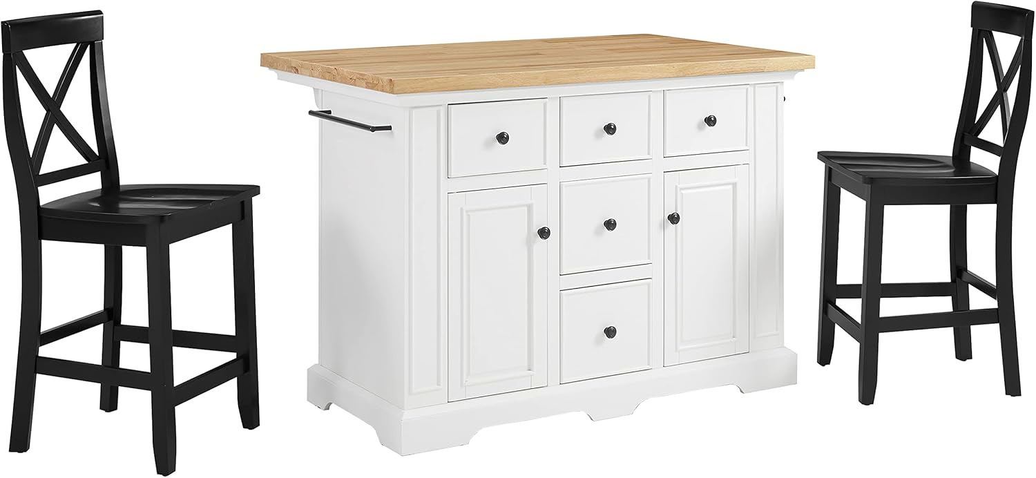 Crosley Furniture Julia Wood Top Island with Storage, Coffee Bar, and a Set of 2 X-Back Stools, White/Black