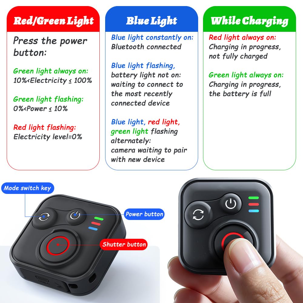Bluetooth Telecomando per GoPro Hero 13/12/11 Insta360 X3/X4/X5/Ace Pro 2/Ace Pro/GO3S/GO3/IOS/Android,Telecomando Bluetooth con Cinturino da Polso e Cavo di Ricarica USB,Senza Fili Telecomando
