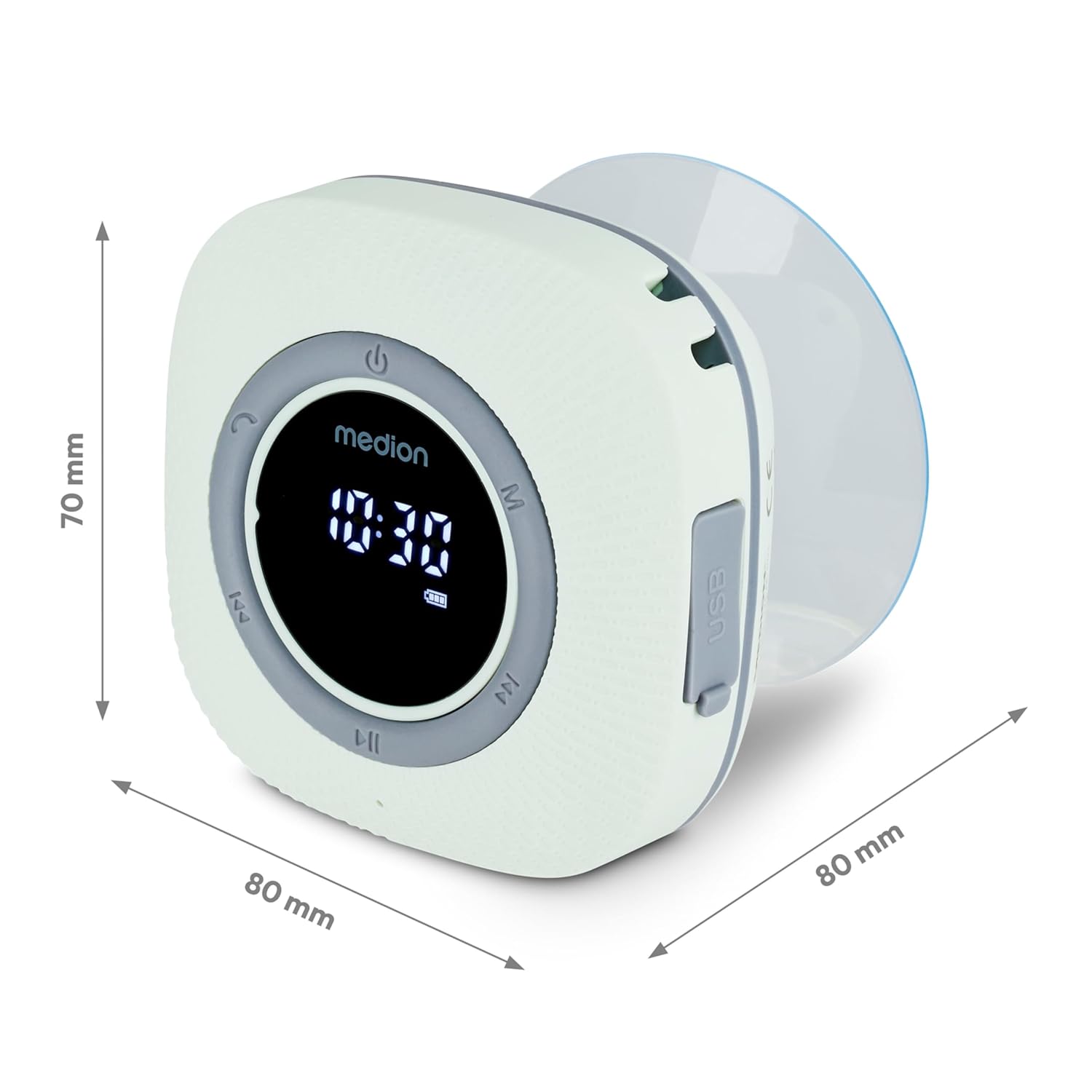 MEDION S66884 Shower Radio with dimensions 80mm x 80mm x 70mm