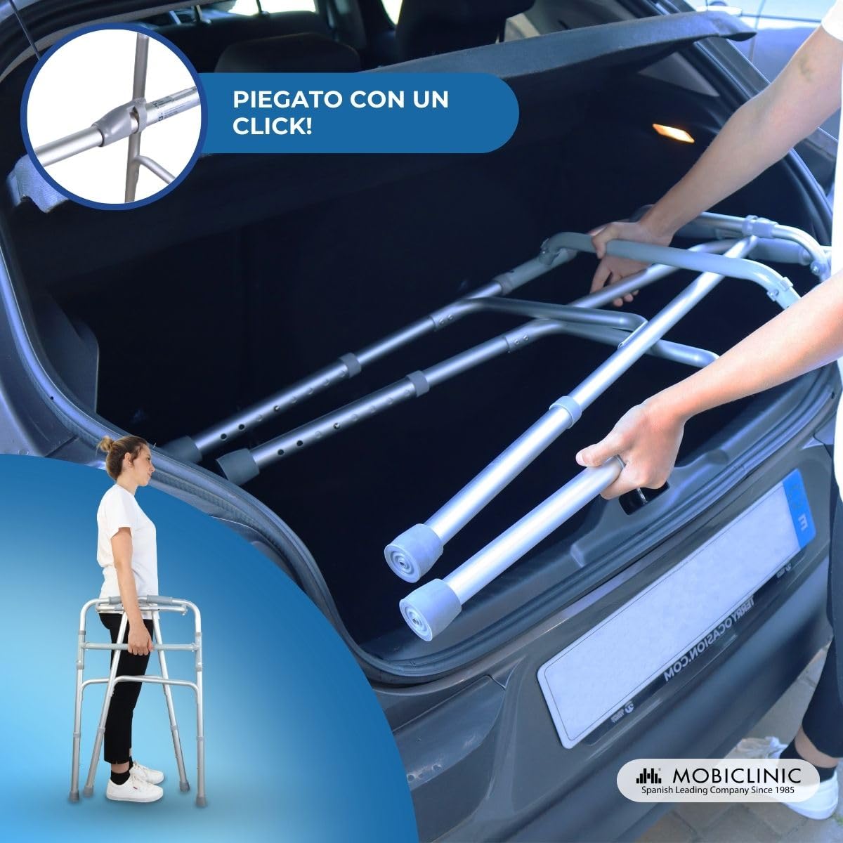Mobiclinic®, Deambulatore per anziani, Leggero, Pieghevole, Senza ruote, Puntale antiscivolo, Carrello camminare, Fabbricato in alluminio, Modello columna, Marchio europeo, Colore grigio