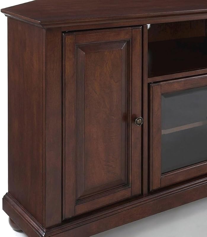 Furnifact Solid Rubberwood Corner TV Stand with Tempered Glass Doors and Cord Management, Anti-Tip Media Cabinet for Living Room and Bedroom, Mahogany image 5