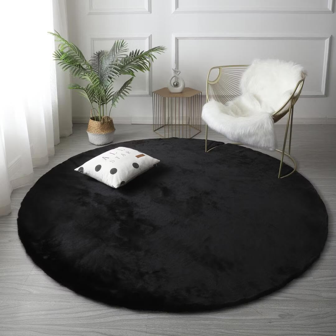 GGBOND Luxury Faux Rabbit Fur Carpet Round 60cm Thick Shaggy Plush Rug Anti-Shedding Hypoallergenic Non-Slip Rug for Nursery Kids Play Pet Friendly Home Decor Black