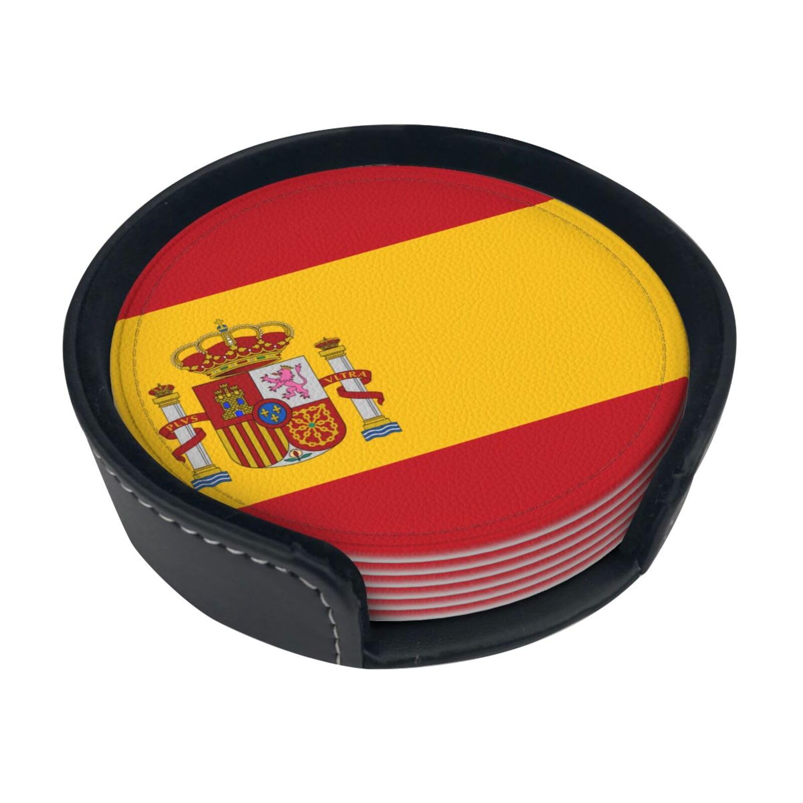 Cntdbu White Spanish Flag Leather Coasters Set Of 6-Pu Leather Drink Mats For Table, Heat Resistant Round Coasters With Holder