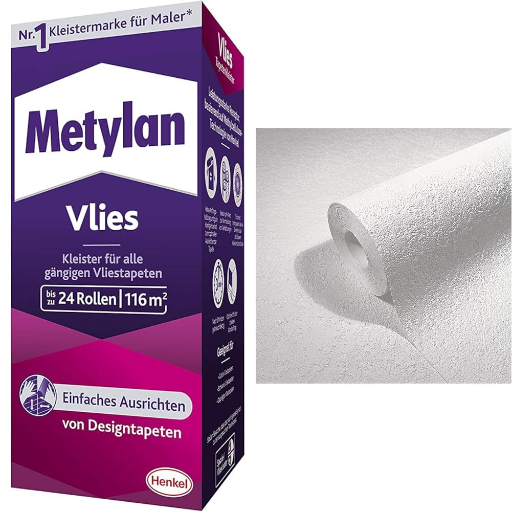 Metylan Vlies, Tapetenkleister für Vliestapeten mit glatter oder strukturierter Rückseite & marburg Tapete Weiß Struktur Putzoptik für Wohnzimmer Schlafzimmer Made in Germany 10,05 x 0,53m