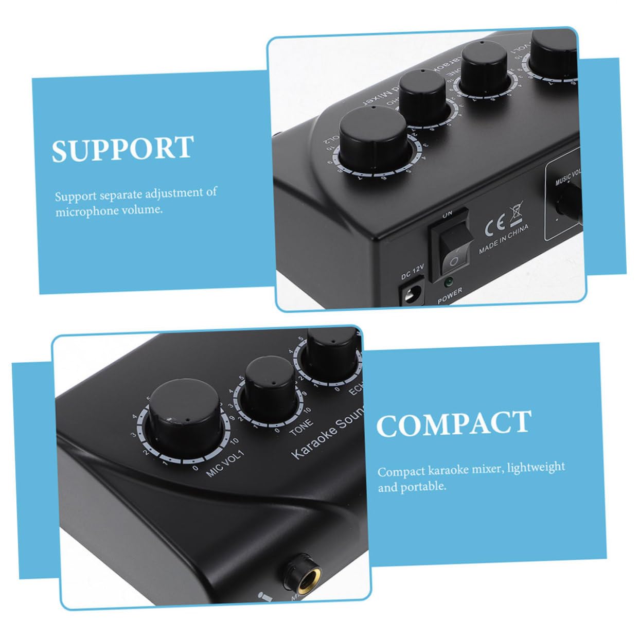 Mixer Audio Professionale per Karaoke con Doppio Ingresso Microfono | Regolazione Separata del Volume Microfono, con Cavo e Adattatore di Alimentazione