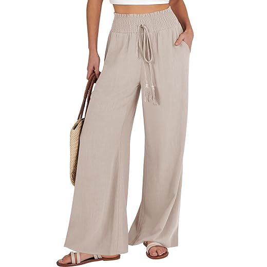 ANRABESS Women's Linen Palazzo Pants Flowy Wide Leg Beach Vacation 2023 Summer Outfits Clothes High Waisted Trendy Casual Drawstring Trousers Loose Lightweight Lounge Pants with Pocket A1257hulv-S