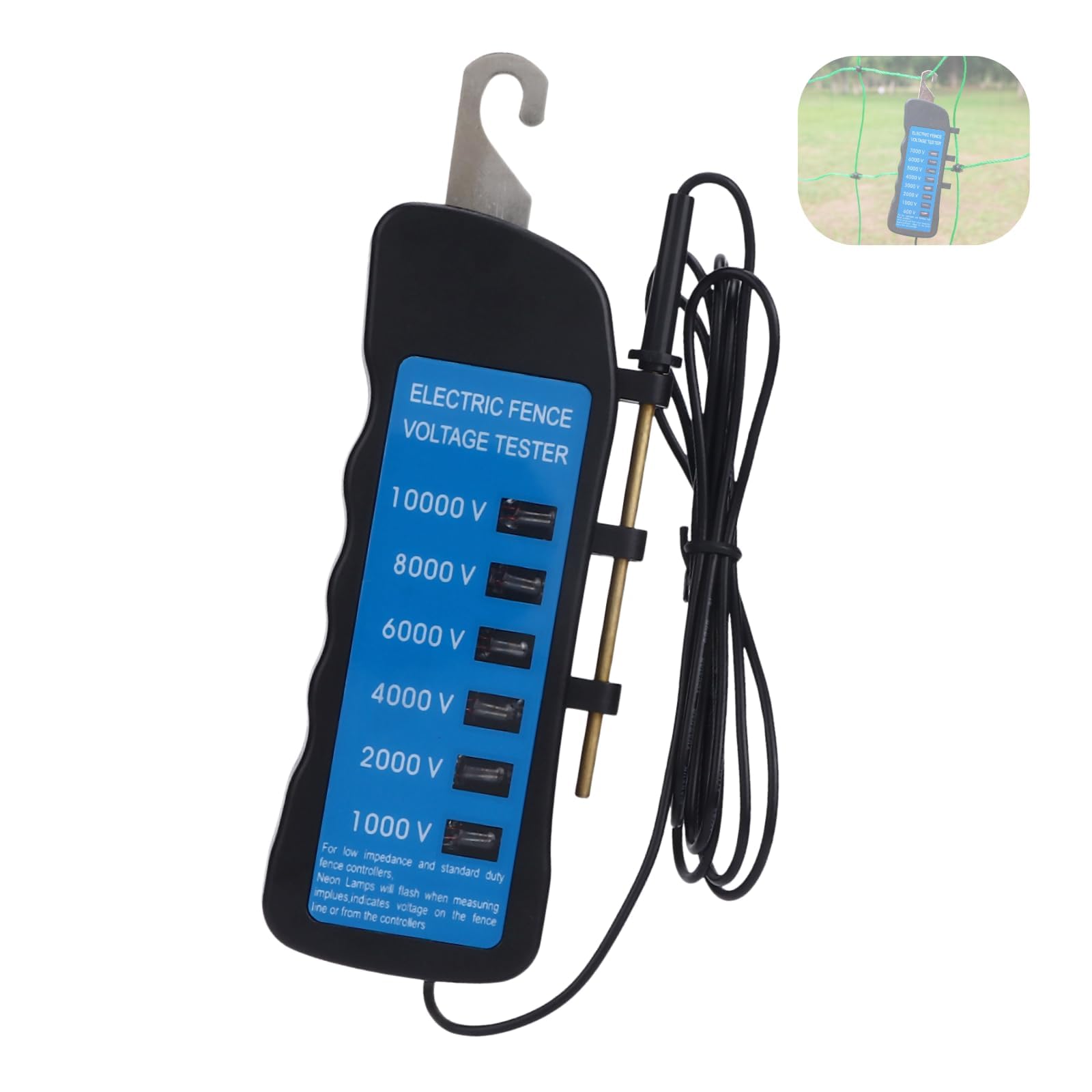 Vibrivo10000V - Comprobador de valla de pastoreo y medidor de corriente, resistente al agua con 6 ledes para valla de pastos, solar, compatible con granjas, mascotas y ganado (16,7 x 6 x 2 cm)