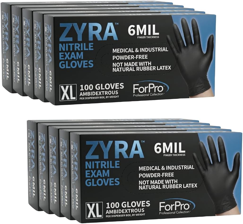 ForPro ZYRA Nitrile Exam Gloves, Medical & Industrial Grade, Powder-Free, Latex-Free, Non-Sterile, Food Safe, 6 Mil, Black