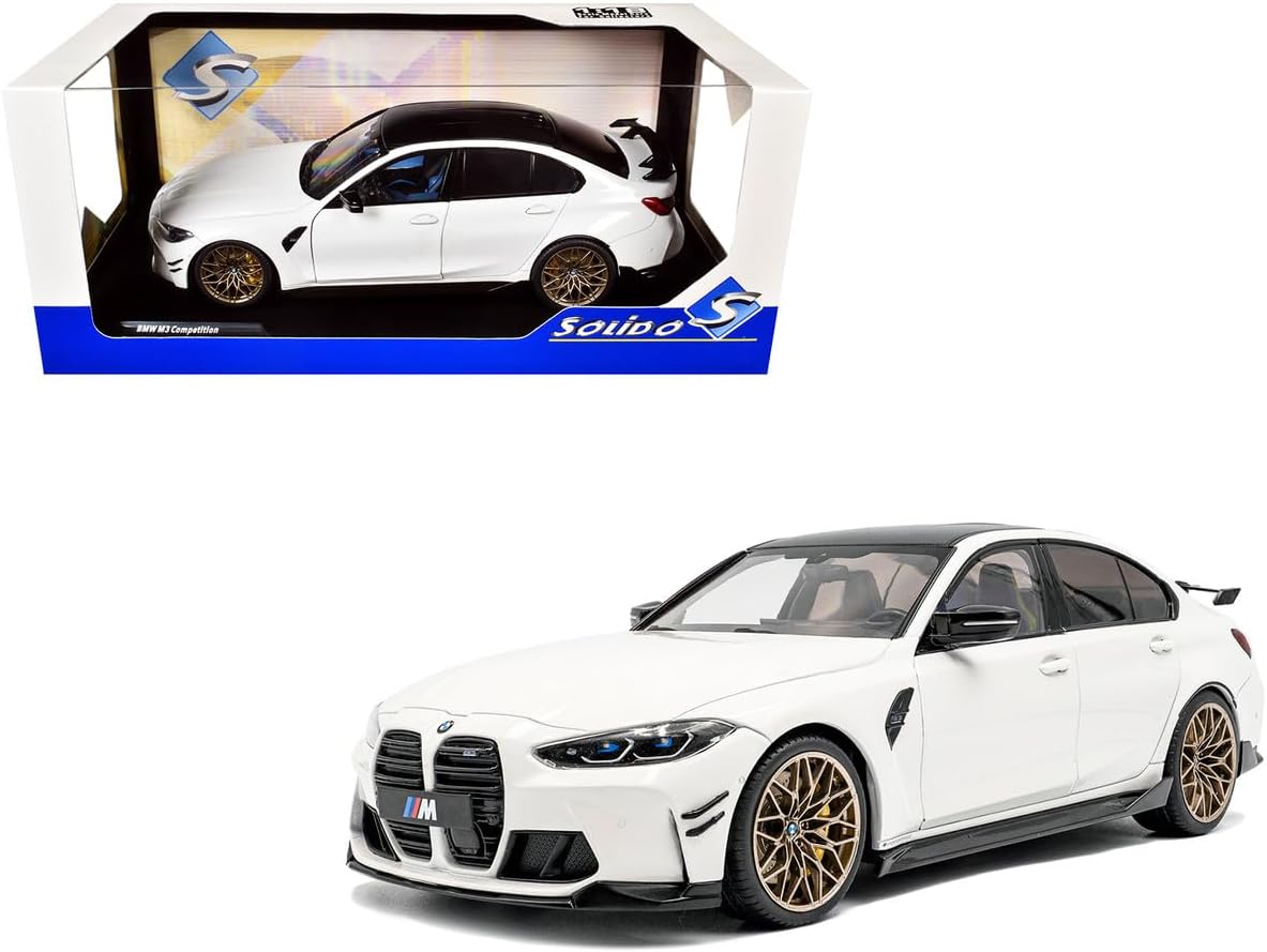 Diecast Model Car Compatible for 2024 BMW M3 Competition Alpine White with Carbon Top 1/18 Scale Solido S1814301