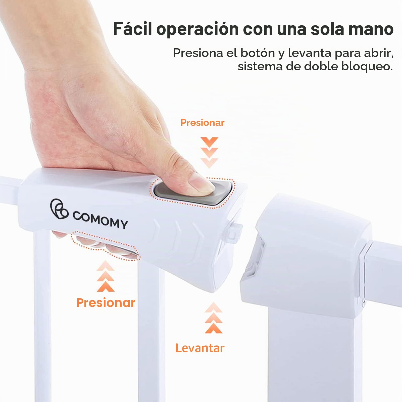 COMOMY Barrera para Perros con Puerta Pequeña y 2 Extensiones, 75-103 cm Barrera Seguridad niños Escalera, Auto Close, Sin Taladrar, Blanco | Puerta de seguridad montada a presión, incluye 4 tazas de pared y 2 piezas de extensión, color blanco