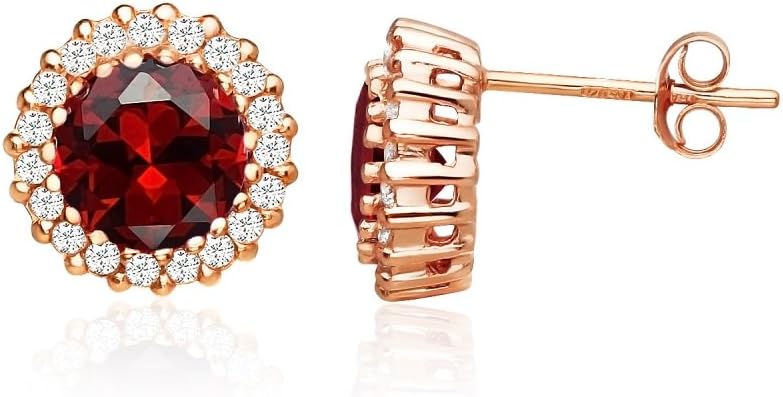 Sterling Silver Simulated Garnet and Cubic Zirconia Round Halo Stud Earrings